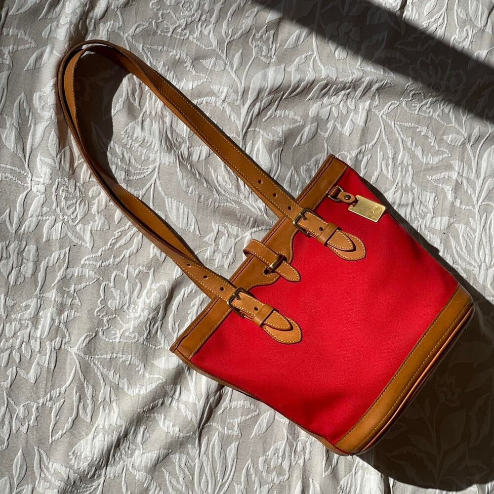 Rare Vintage 90s Dooney & Bourke Cabriolet Red Canvas Leather Trim Bucket Bag - Picture 2 of 13